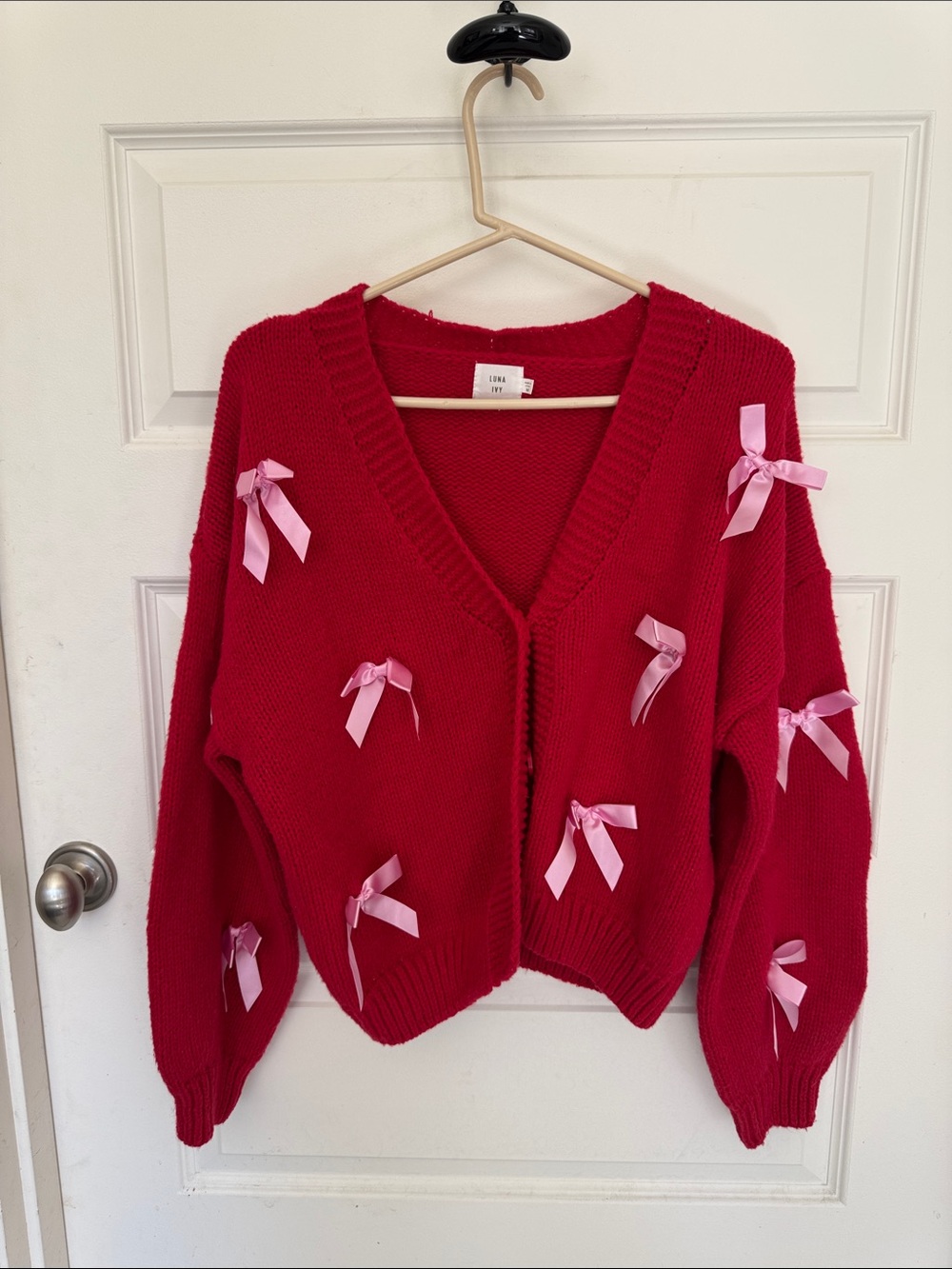 Red V-Neck Bow-Appliqué Cardigan Sweater